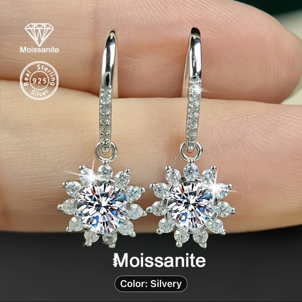 Sterling Silver Moissanite Snowflake Drop Earrings in Silver
